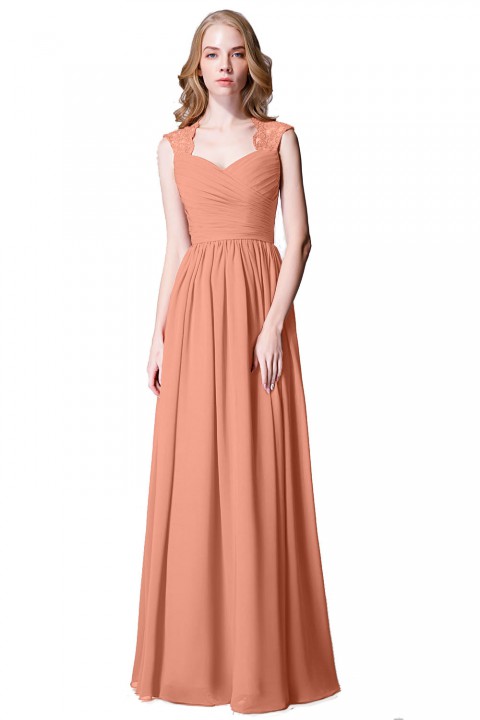 Modest Cap Sleeves Chiffon Long Bridesmaid Dress with Lace Back