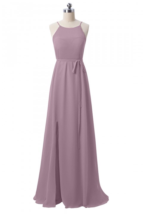 Spaghetti Straps Halter Neckline Open Back Bodice Side Slit Skirt Bridesmaid Dress with Adjustable Belt