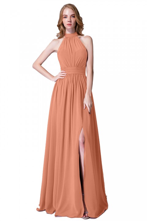 Illusion Neckline High Neck Halter Side Slit Chiffon Bridesmaid Dress with Keyhole