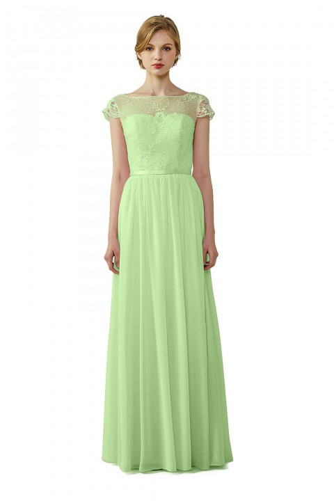 Cap Sleeves Lace Illusion Back Scoop Neckline Bridesmaid Dress