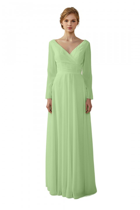 Long Sleeve Illusion Lace Back Closure V-Neck Elegant Bridesmaid Dress