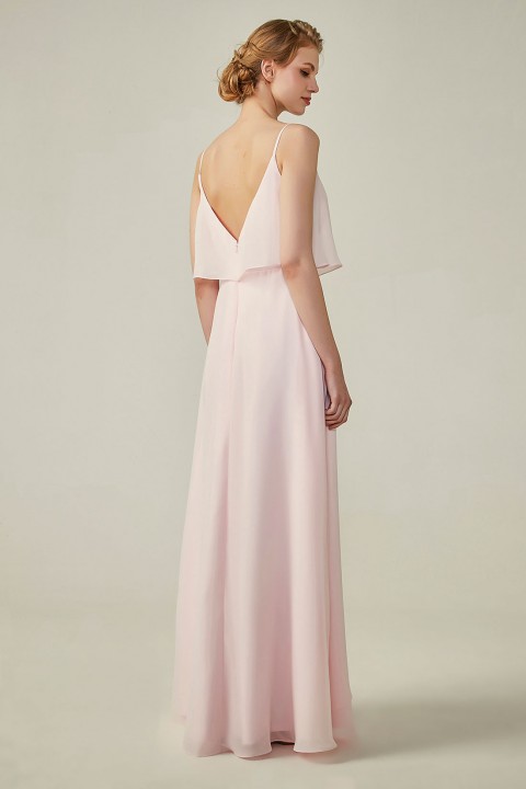 Clearance | Boho Spaghetti Straps Chiffon V-Back Bridesmaid Dress with Flounce