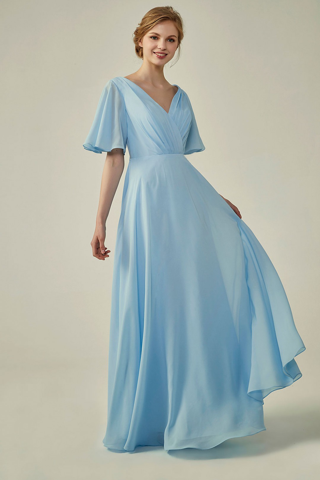 Casual V Neck Flutter Chiffon Bridesmaid Dress With Sleeves