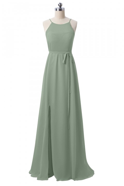 Spaghetti Straps Halter Neckline Open Back Bodice Side Slit Skirt Bridesmaid Dress with Adjustable Belt