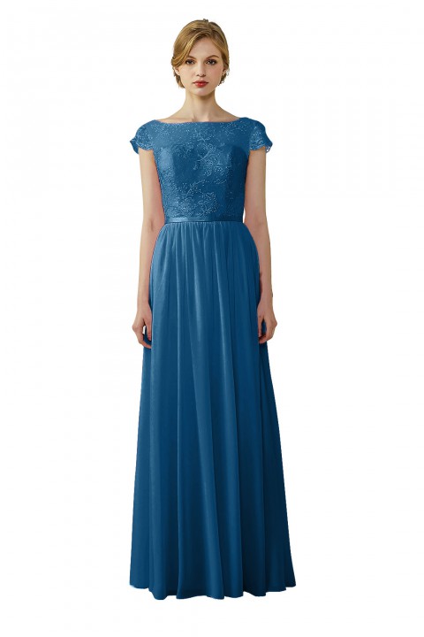 Cap Sleeves Lace Illusion Back Scoop Neckline Bridesmaid Dress