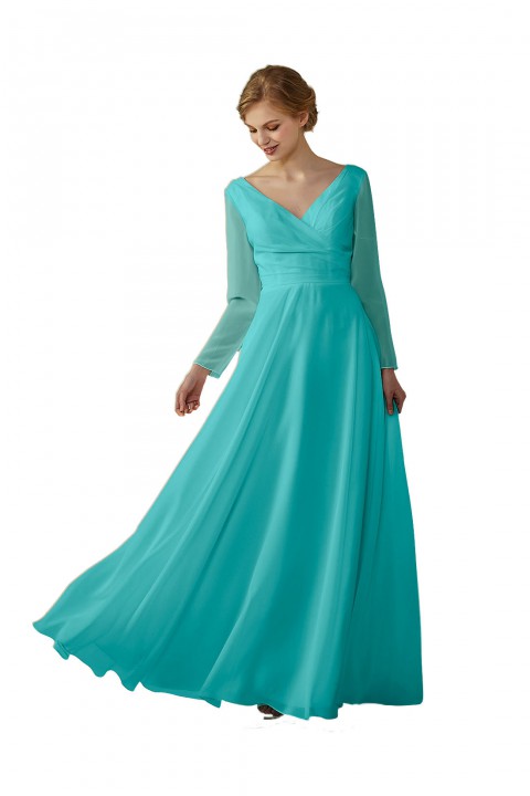 Long Sleeve Illusion Lace Back Closure V-Neck Elegant Bridesmaid Dress