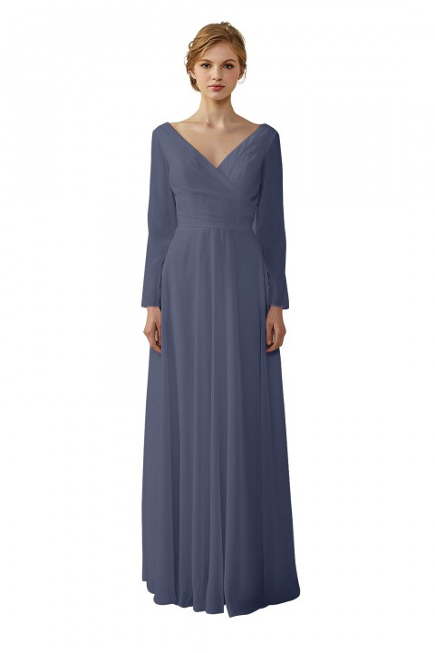 Long Sleeve Illusion Lace Back Closure V-Neck Elegant Bridesmaid Dress