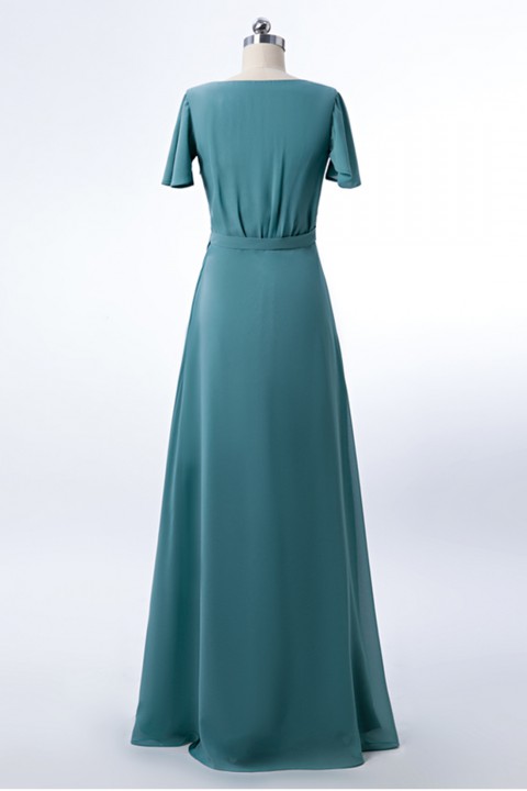 Clearance | V-neck Short Sleeves Side Slit Skirt Chiffon Bridesmaid Dress with Belt