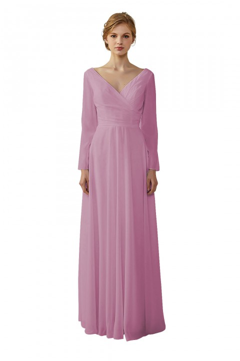 Long Sleeve Illusion Lace Back Closure V-Neck Elegant Bridesmaid Dress