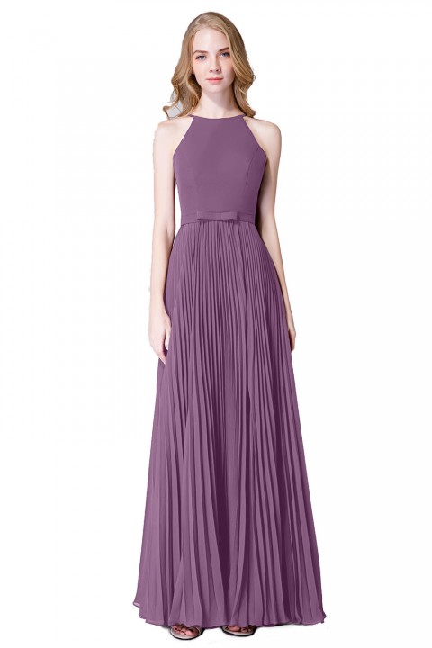 Fit-and-Flare Slit High-Neck Halter Bridesmaid Dress with Bowknot