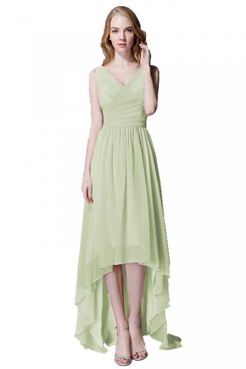Romantic High-Low V-Neck Chiffon Ruched Bridesmaid Dress