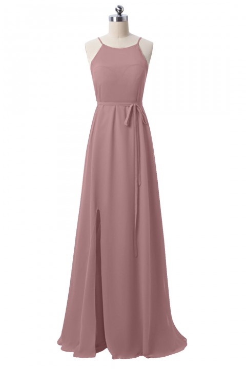 Spaghetti Straps Halter Neckline Open Back Bodice Side Slit Skirt Bridesmaid Dress with Adjustable Belt