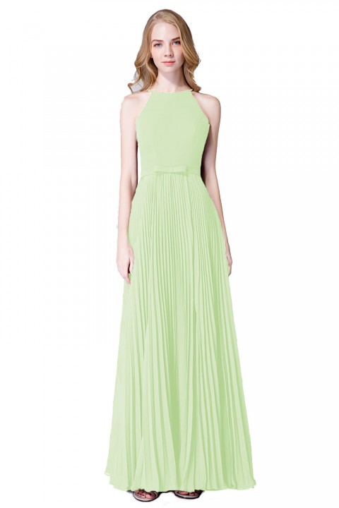 Fit-and-Flare Slit High-Neck Halter Bridesmaid Dress with Bowknot