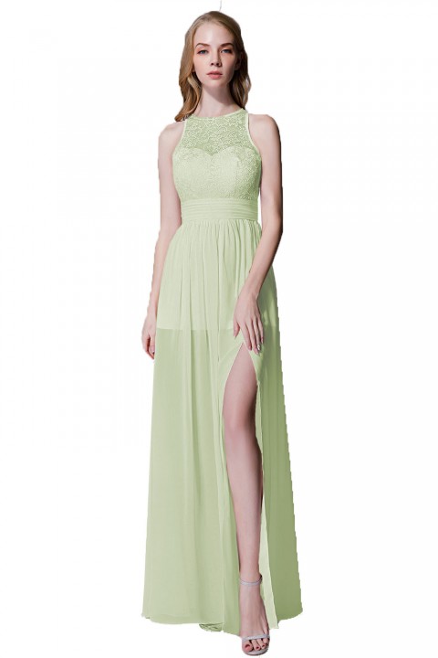 Illusion Lace Neck & Back Scoop Side Slit Bridesmaid Dress