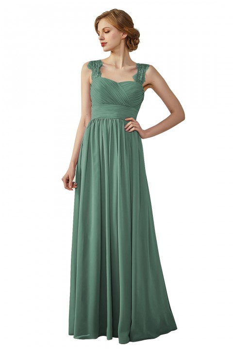 Pleated Long Chiffon Open Back Lace Strap Bridesmaid Dress