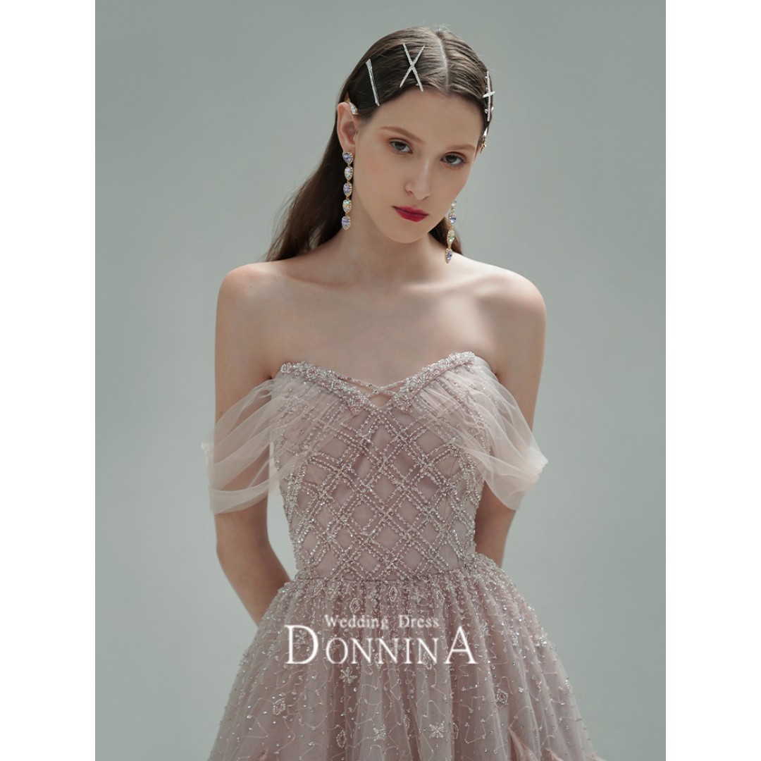 Pink Luxury Off Shoulder Beaded Feathers Design Fantasy Tulle Party Dress