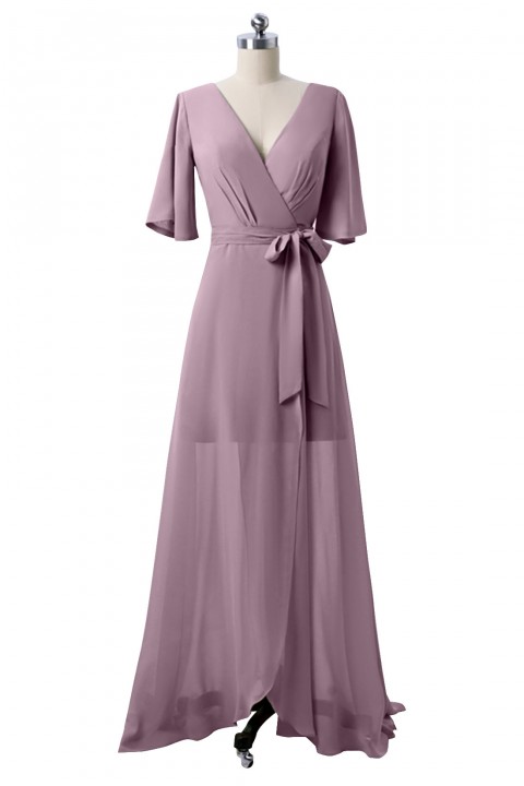 V Neck and Back Tied Waist Ruffled Hem Chiffon Bridesmaid Dress with Side Slit