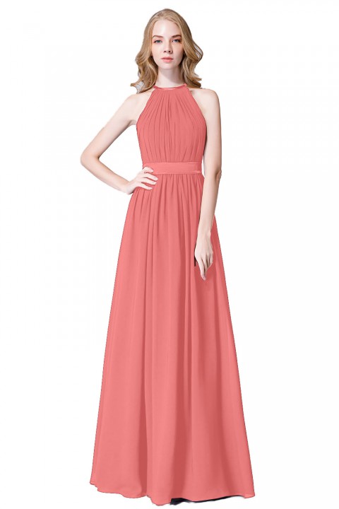 High Neck Halter Pleated Bodice Chiffon Bridesmaid Dress Long