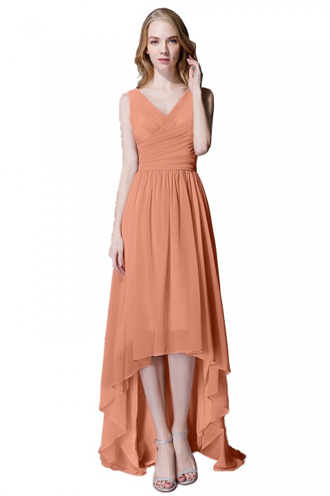 Romantic High-Low V-Neck Chiffon Ruched Bridesmaid Dress