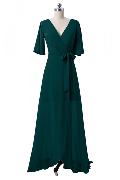 V Neck and Back Tied Waist Ruffled Hem Chiffon Bridesmaid Dress with Side Slit