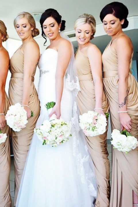 Clearance | One Shoulder Draped Side Slit Bridesmaid Dress with Belt