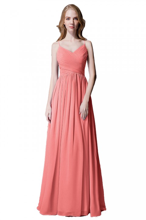 Spaghetti Straps Pleated Chiffon Bridesmaid Dress with Lace Open Back