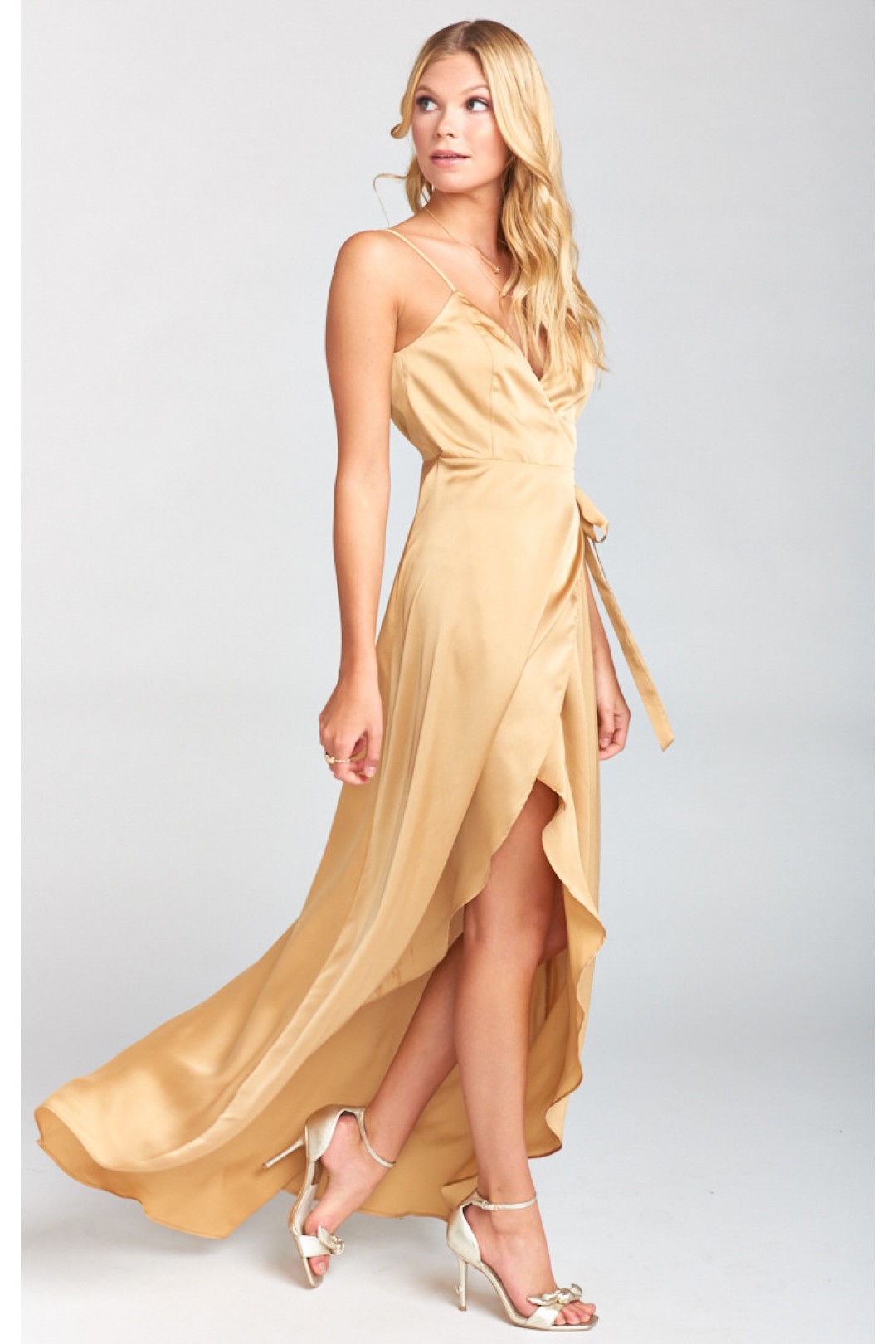 Spaghetti Straps V Neck and Back Wrap Luxe Satin Bridesmaid Dress with Slit