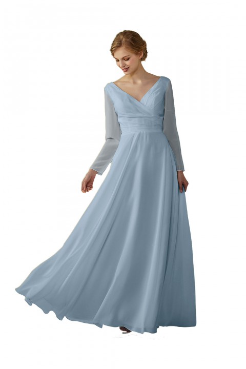 Long Sleeve Illusion Lace Back Closure V-Neck Elegant Bridesmaid Dress