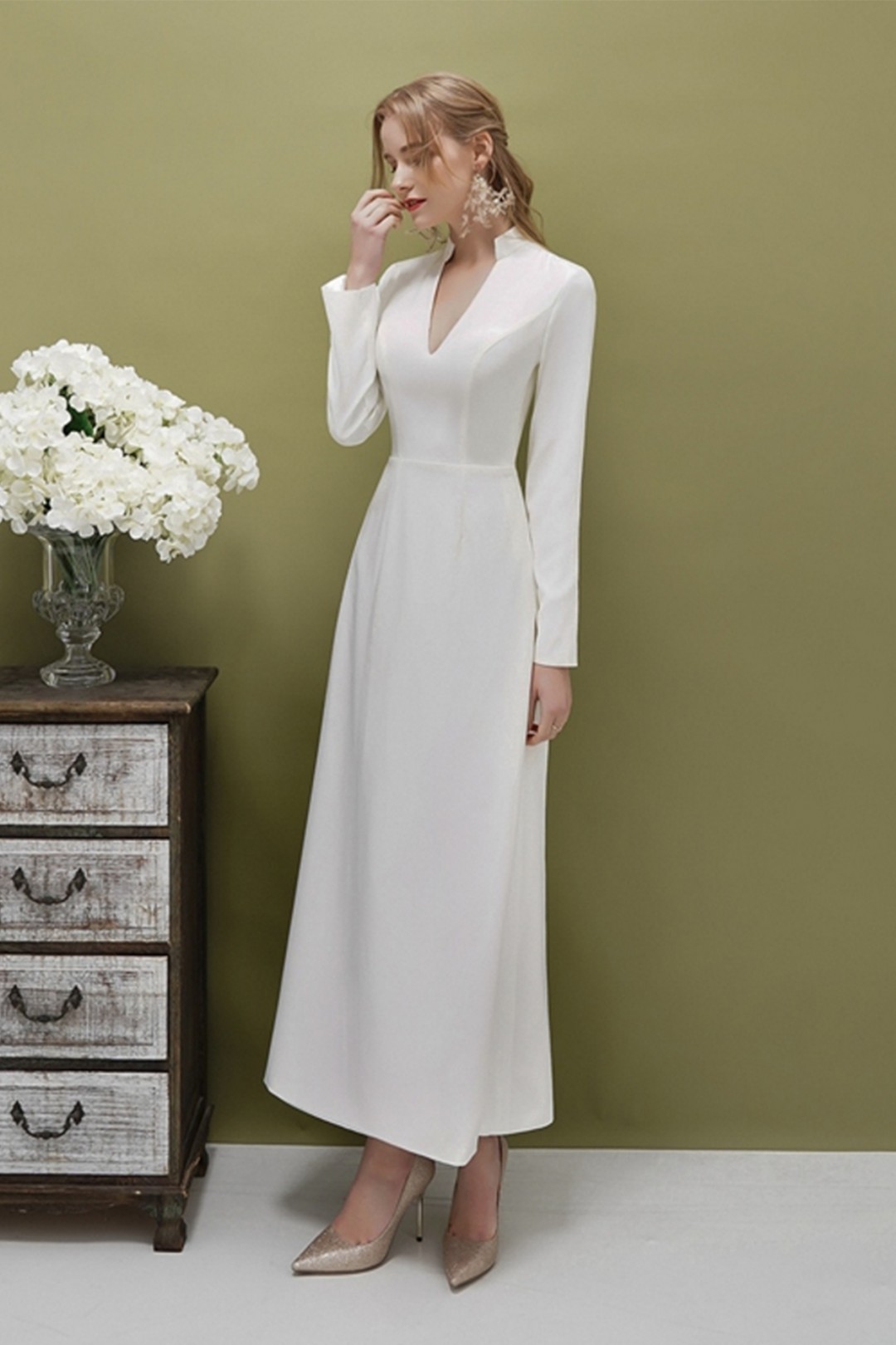 V Neck Lace Back Casual Satin Wedding Dress