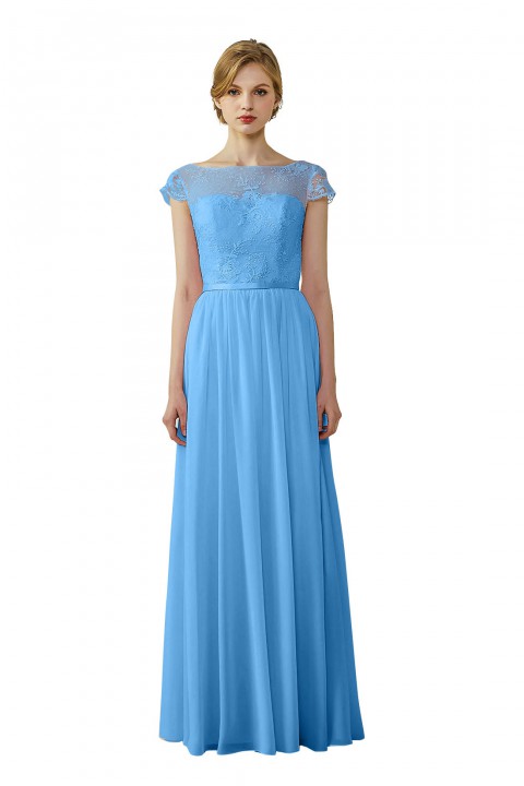 Cap Sleeves Lace Illusion Back Scoop Neckline Bridesmaid Dress