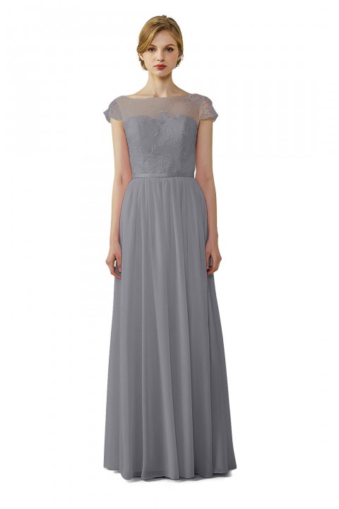 Cap Sleeves Lace Illusion Back Scoop Neckline Bridesmaid Dress