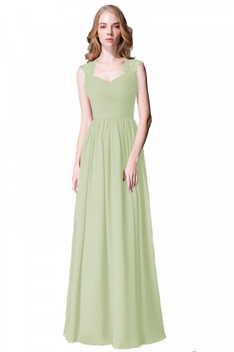 Modest Cap Sleeves Chiffon Long Bridesmaid Dress with Lace Back