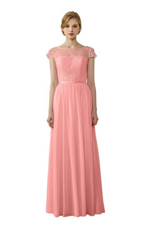 Cap Sleeves Lace Illusion Back Scoop Neckline Bridesmaid Dress