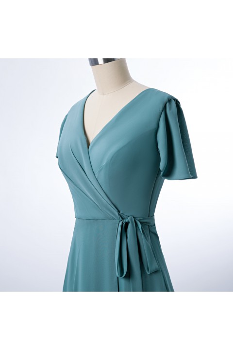 Clearance | V-neck Short Sleeves Side Slit Skirt Chiffon Bridesmaid Dress with Belt