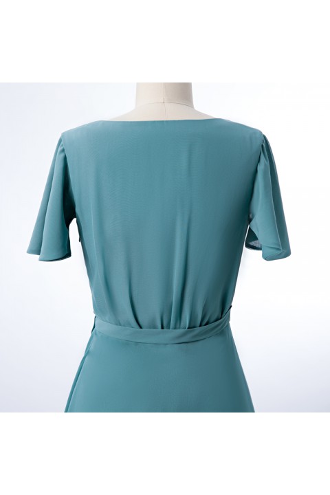 Clearance | V-neck Short Sleeves Side Slit Skirt Chiffon Bridesmaid Dress with Belt