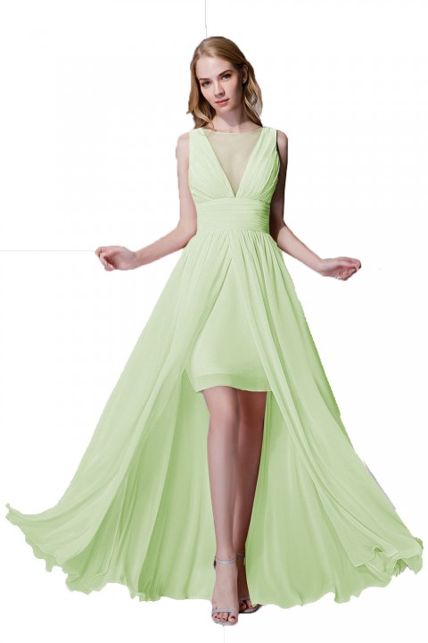 Plunging Illusion Tulle Scoop Neck High Slit Chiffon Bridesmaid Dress