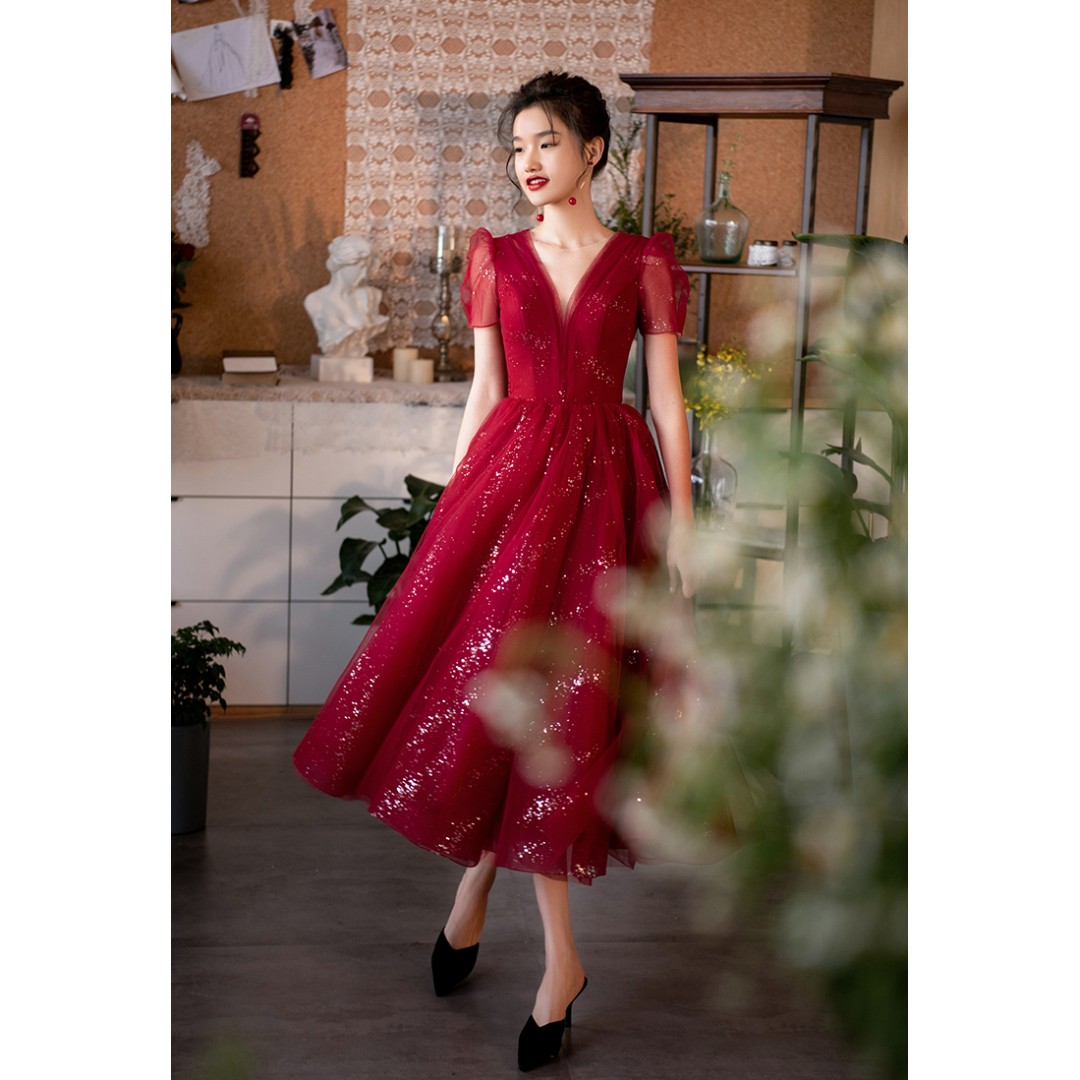 Puff Sleeves V-Neck Burgundy Sequin Party Dress