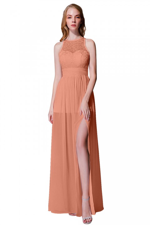 Illusion Lace Neck & Back Scoop Side Slit Bridesmaid Dress