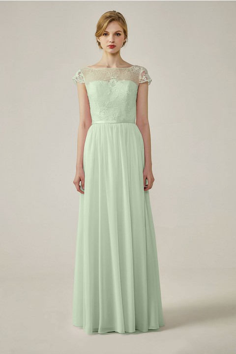 Cap Sleeves Lace Illusion Back Scoop Neckline Bridesmaid Dress