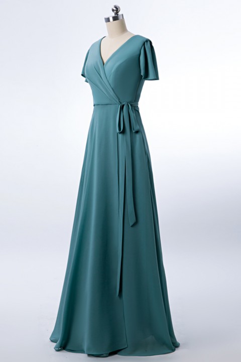 Clearance | V-neck Short Sleeves Side Slit Skirt Chiffon Bridesmaid Dress with Belt