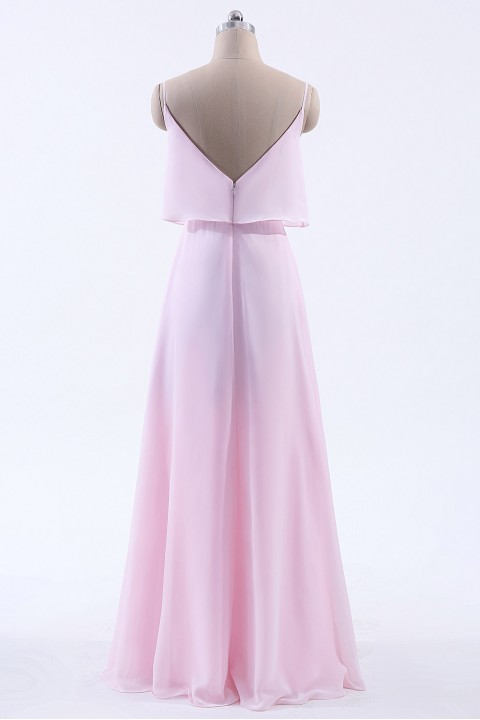 Clearance | Boho Spaghetti Straps Chiffon V-Back Bridesmaid Dress with Flounce