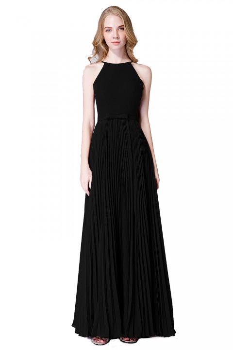 Fit-and-Flare Slit High-Neck Halter Bridesmaid Dress with Bowknot