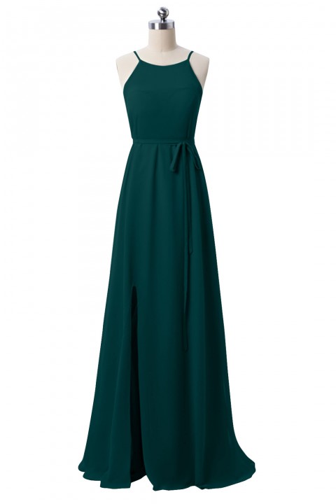Spaghetti Straps Halter Neckline Open Back Bodice Side Slit Skirt Bridesmaid Dress with Adjustable Belt
