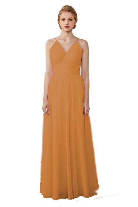 Spaghetti Straps V-Neck Bridesmaid Dress Open Back with Triangle Lace Detail