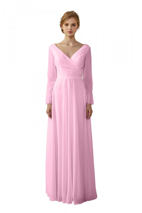 Long Sleeve Illusion Lace Back Closure V-Neck Elegant Bridesmaid Dress