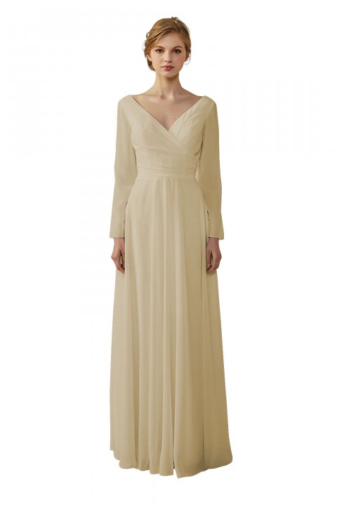 Long Sleeve Illusion Lace Back Closure V-Neck Elegant Bridesmaid Dress