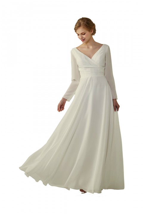 Long Sleeve Illusion Lace Back Closure V-Neck Elegant Bridesmaid Dress
