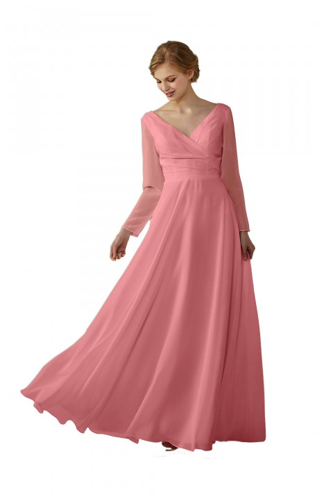 Long Sleeve Illusion Lace Back Closure V-Neck Elegant Bridesmaid Dress