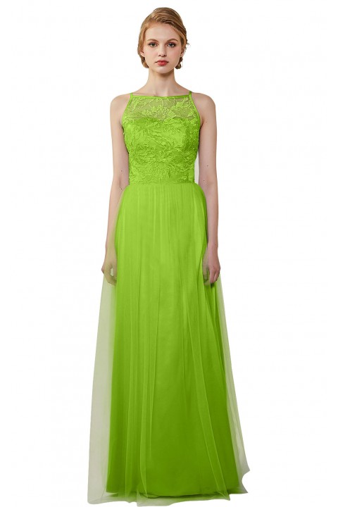 Tulle Lace Illusion Boatneck and Back Bridesmaid Dress with Keyhole 