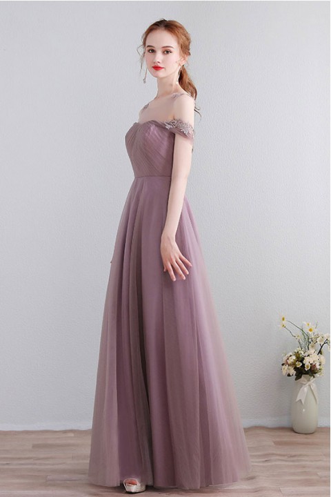 Clearance | Lace Illusion Scoop Neckline Cold Shoulder Tulle Bridesmaid Dress with Open Back